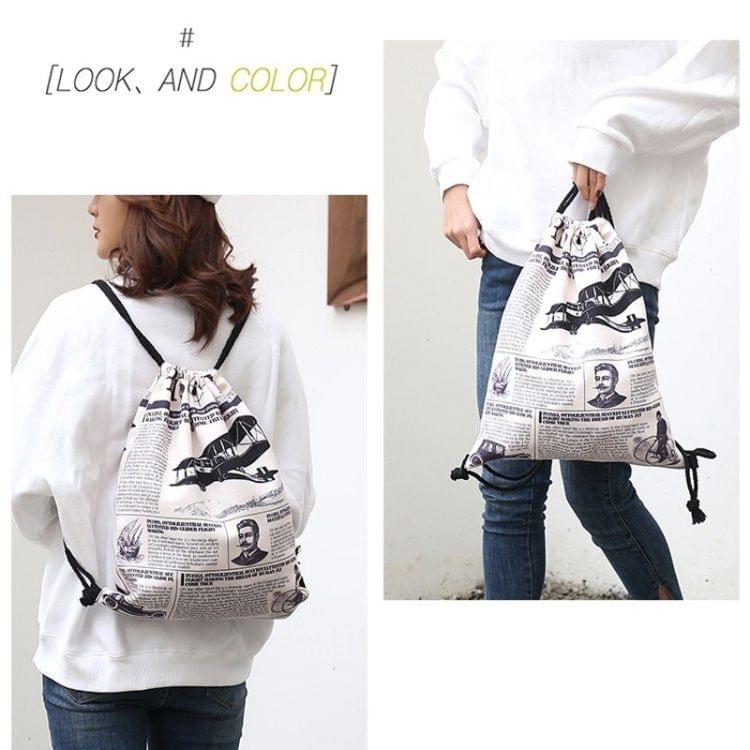 News Newspaper Pattern Printing Double Shoulders Drawstring Sports Backpack Bag (Beige)