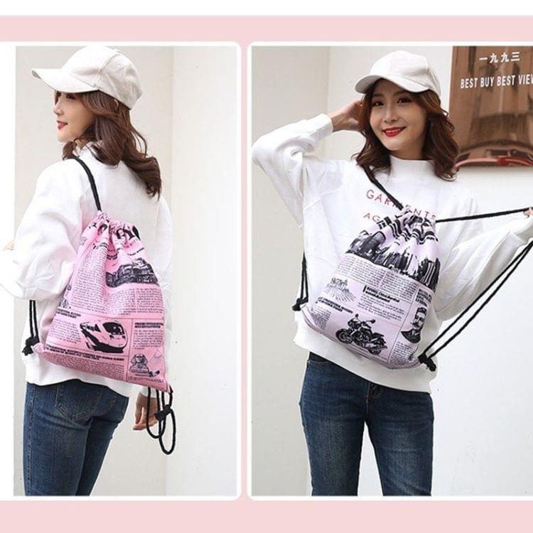 News Newspaper Pattern Printing Double Shoulders Drawstring Sports Backpack Bag (Beige)