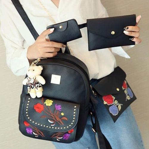 4 in 1 Embroidery Flowers PU Leather Double Shoulders School Bag Travel Backpack Bag with Bear Doll Pendant (Black)