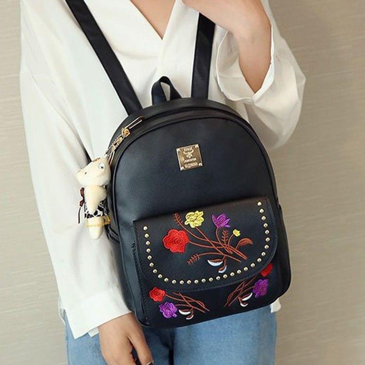 4 in 1 Embroidery Flowers PU Leather Double Shoulders School Bag Travel Backpack Bag with Bear Doll Pendant (Black)