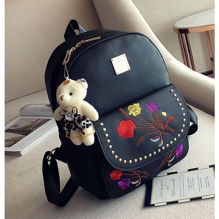 4 in 1 Embroidery Flowers PU Leather Double Shoulders School Bag Travel Backpack Bag with Bear Doll Pendant (Black)