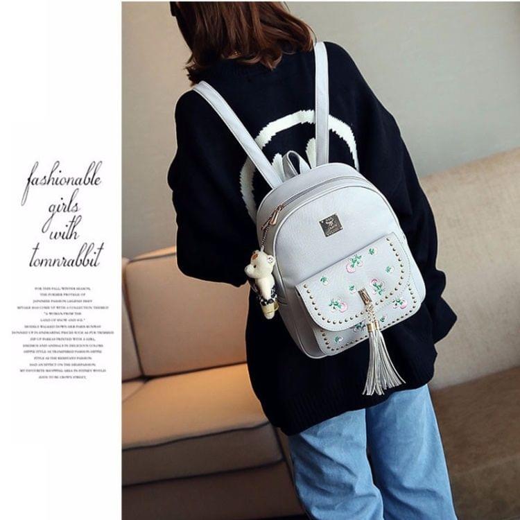 4 in 1 Embroidery Dandelion PU Leather Double Shoulders School Bag Travel Backpack Bag with Bear Doll Pendant (White)