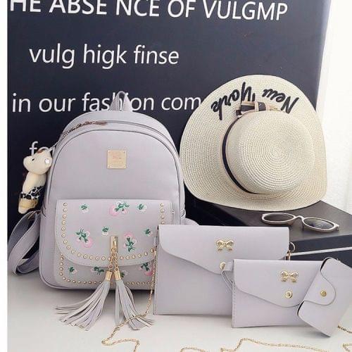 4 in 1 Embroidery Dandelion PU Leather Double Shoulders School Bag Travel Backpack Bag with Bear Doll Pendant (White)