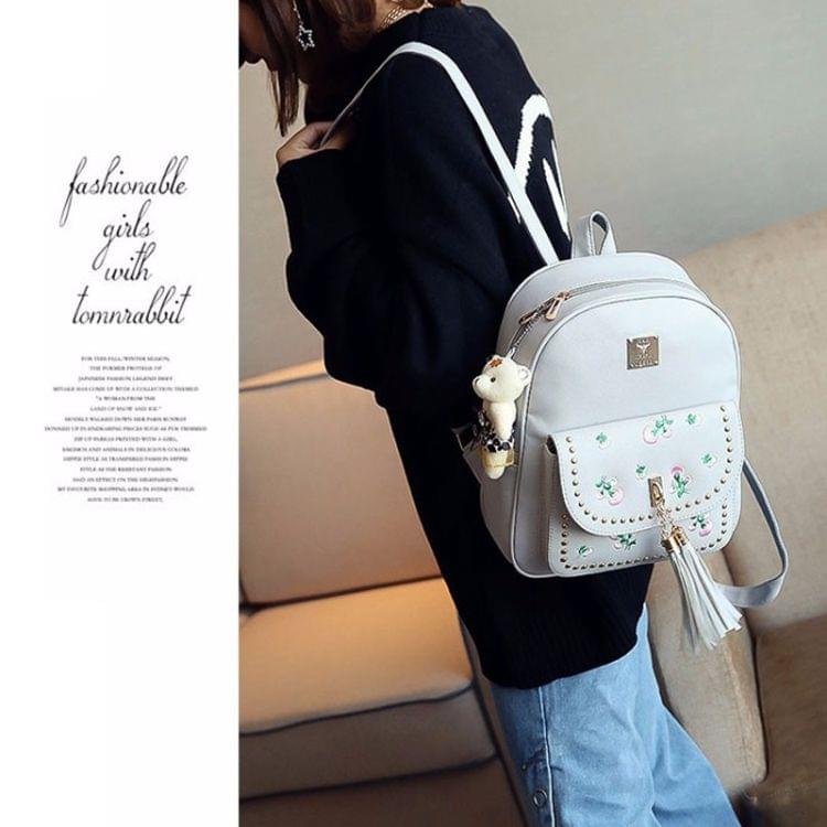 4 in 1 Embroidery Dandelion PU Leather Double Shoulders School Bag Travel Backpack Bag with Bear Doll Pendant (White)