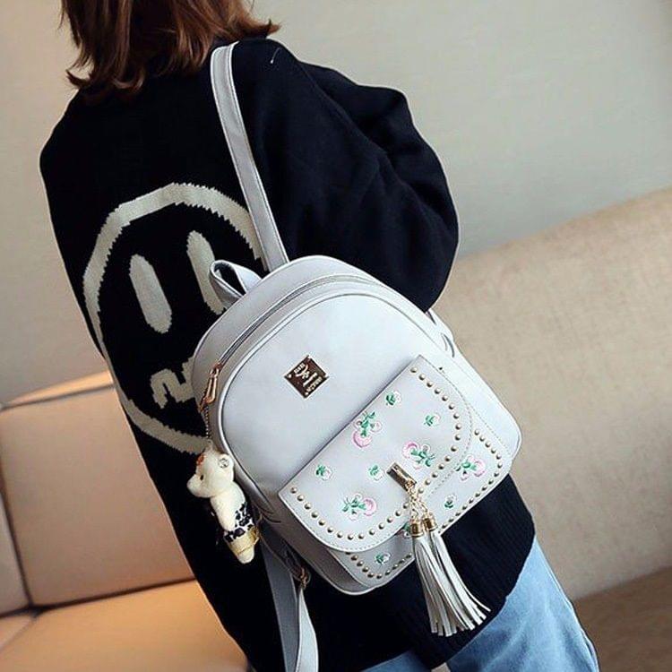 4 in 1 Embroidery Dandelion PU Leather Double Shoulders School Bag Travel Backpack Bag with Bear Doll Pendant (White)