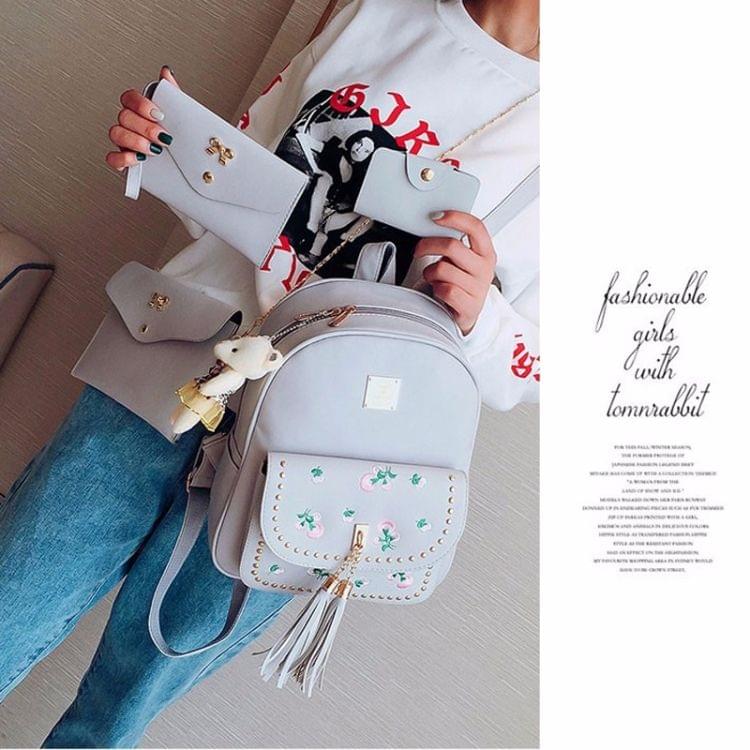 4 in 1 Embroidery Dandelion PU Leather Double Shoulders School Bag Travel Backpack Bag with Bear Doll Pendant (White)