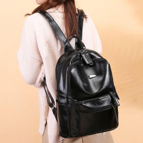 Fashion Retro PU Leather Ladies Double Shoulders Backpack Double Zipper Handbag Single-shoulder Bag with Plush Ball (Black)