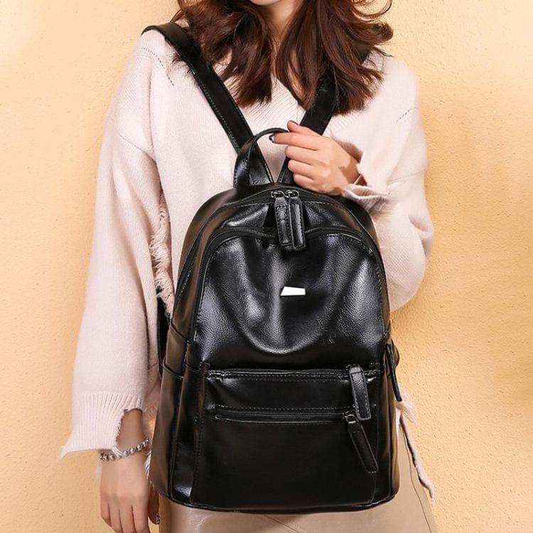 Fashion Retro PU Leather Ladies Double Shoulders Backpack Double Zipper Handbag Single-shoulder Bag with Plush Ball (Black)