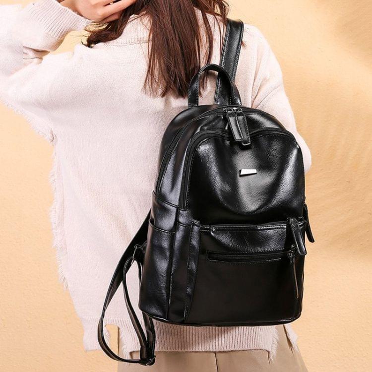 Fashion Retro PU Leather Ladies Double Shoulders Backpack Double Zipper Handbag Single-shoulder Bag with Plush Ball (Black)