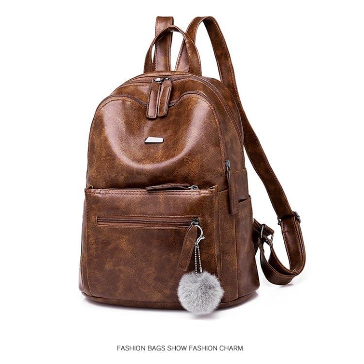 Fashion Retro PU Leather Ladies Double Shoulders Backpack Double Zipper Handbag Single-shoulder Bag with Plush Ball (Black)