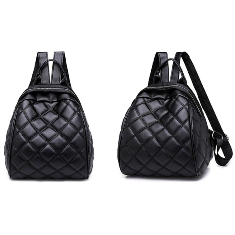 Rhombus Texture PU Leather Double Shoulders School Bag Travel Backpack Bag (Black)