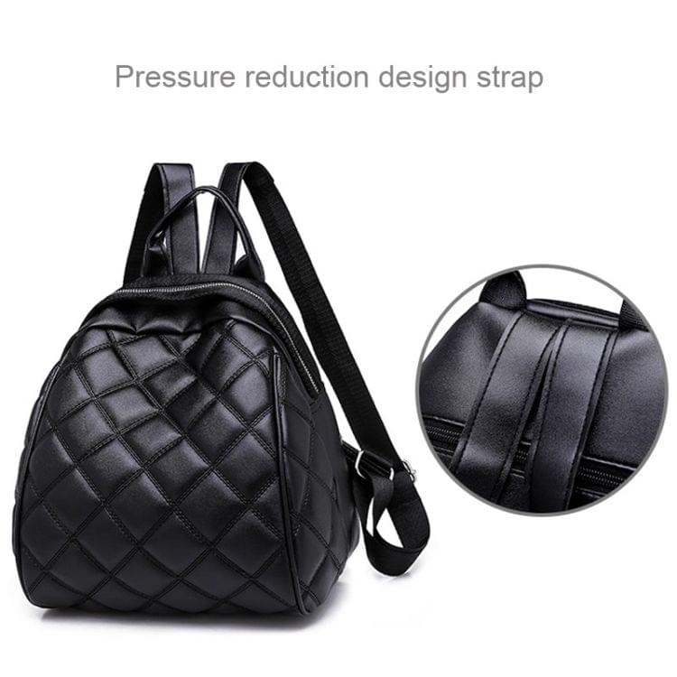 Rhombus Texture PU Leather Double Shoulders School Bag Travel Backpack Bag (Black)