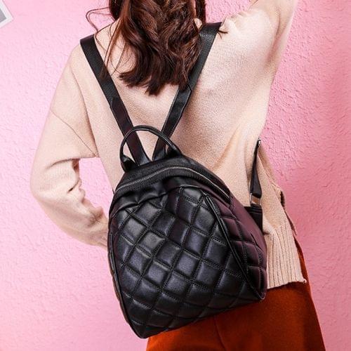 Rhombus Texture PU Leather Double Shoulders School Bag Travel Backpack Bag (Black)