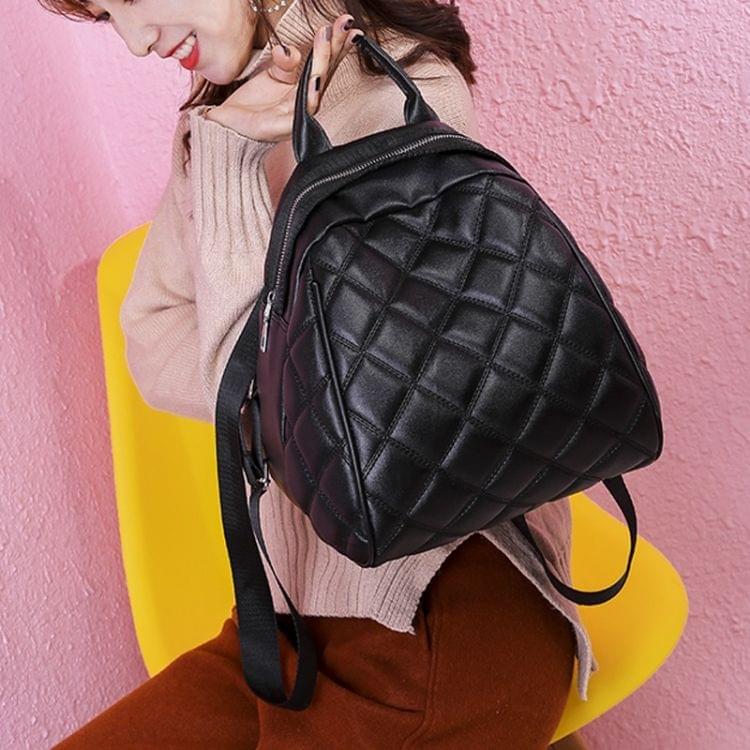 Rhombus Texture PU Leather Double Shoulders School Bag Travel Backpack Bag (Black)