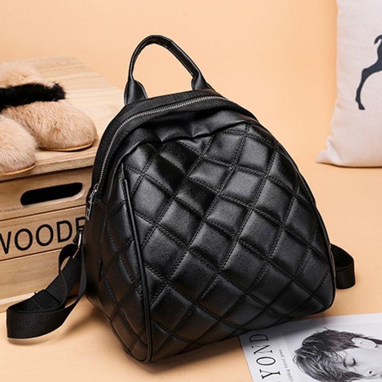 Rhombus Texture PU Leather Double Shoulders School Bag Travel Backpack Bag (Black)