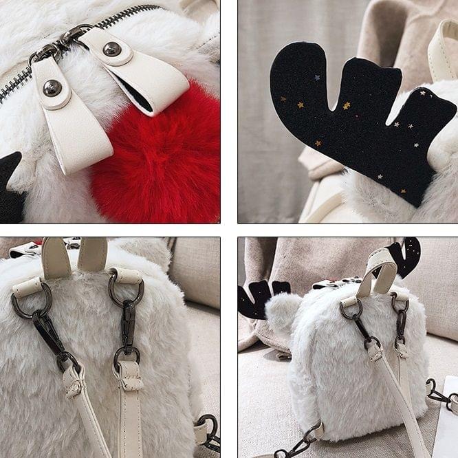 Cute Elk Plush Shoulder Bag Messenger Bag Ladies Handbag Chain Bag (White)