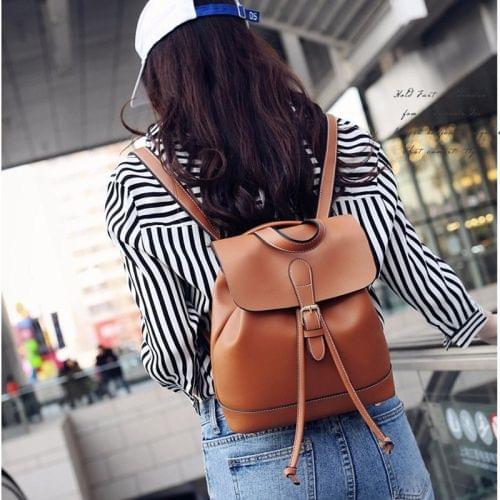 Drawstring PU Leather Double Side Zippers Double Shoulders School Bag Travel Backpack Bag (Brown)