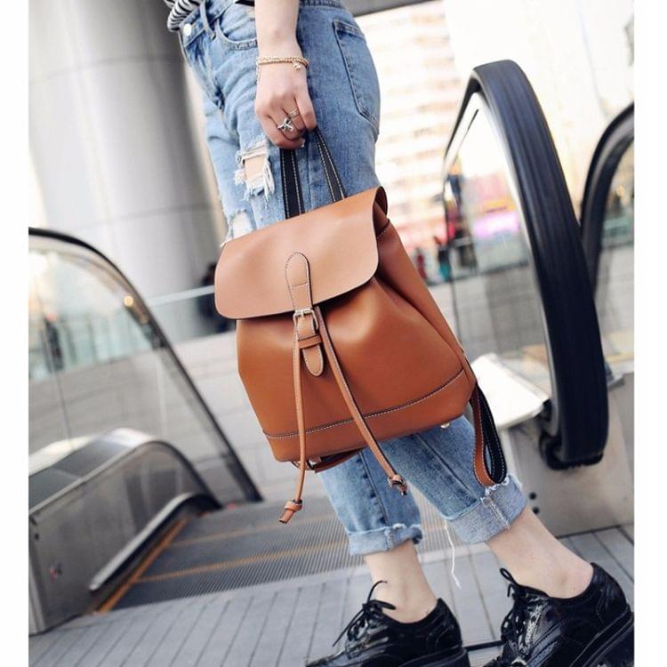 Drawstring PU Leather Double Side Zippers Double Shoulders School Bag Travel Backpack Bag (Brown)