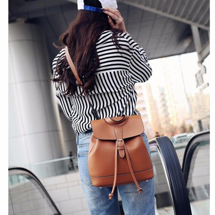 Drawstring PU Leather Double Side Zippers Double Shoulders School Bag Travel Backpack Bag (Brown)