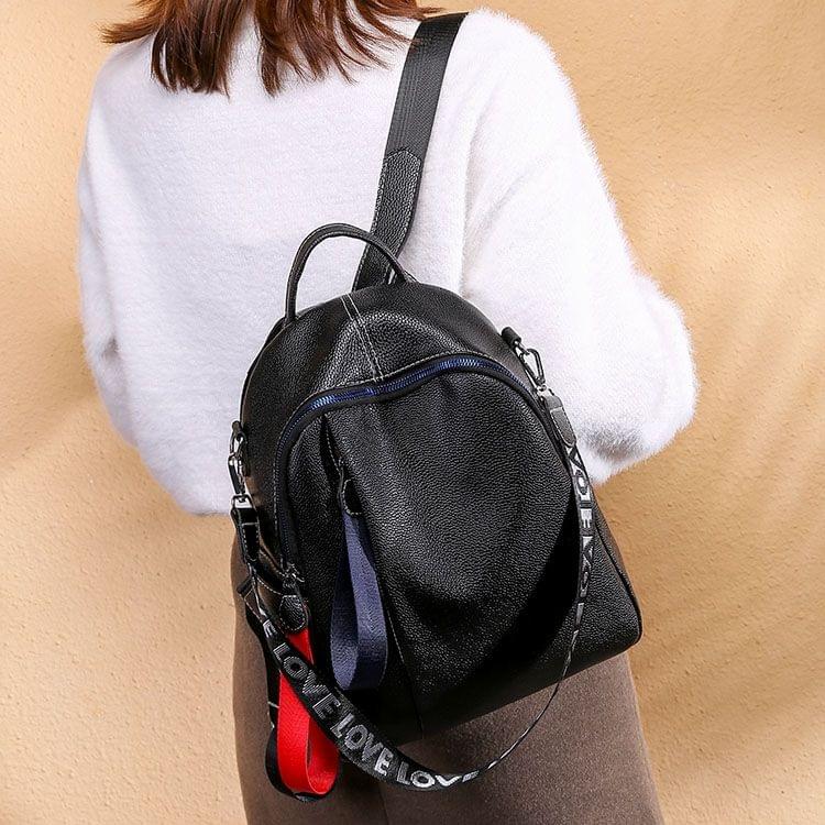 Litchi Texture PU Leather Casual Fashion Ladies Backpack Handbag Crossbody Bag (Black)