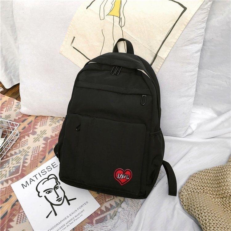 Pure Color Heart Nylon Double Shoulders School Bag Travel Backpack Bag (Black)