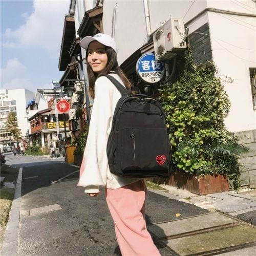 Pure Color Heart Nylon Double Shoulders School Bag Travel Backpack Bag (Black)