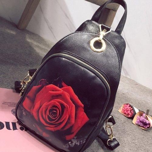 Rose Pattern Multi-function Leisure Fashion PU Leather Double Shoulders Bag Backpack (Black)