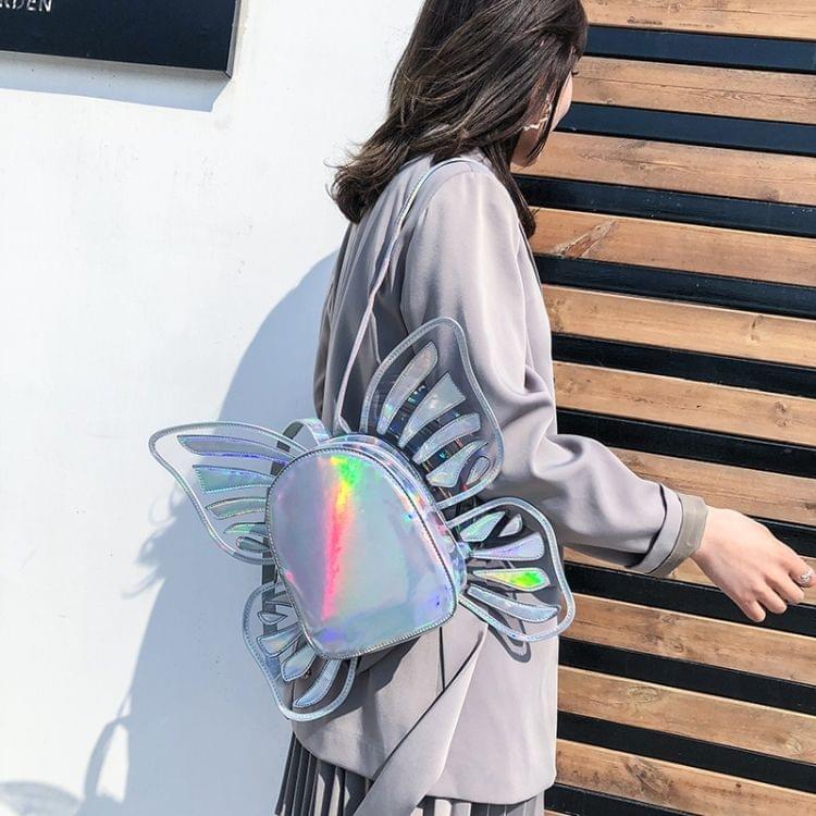 Butterfly Shape Laser Color PU Leather Double Shoulders Bag Ladies Handbag (Silver)