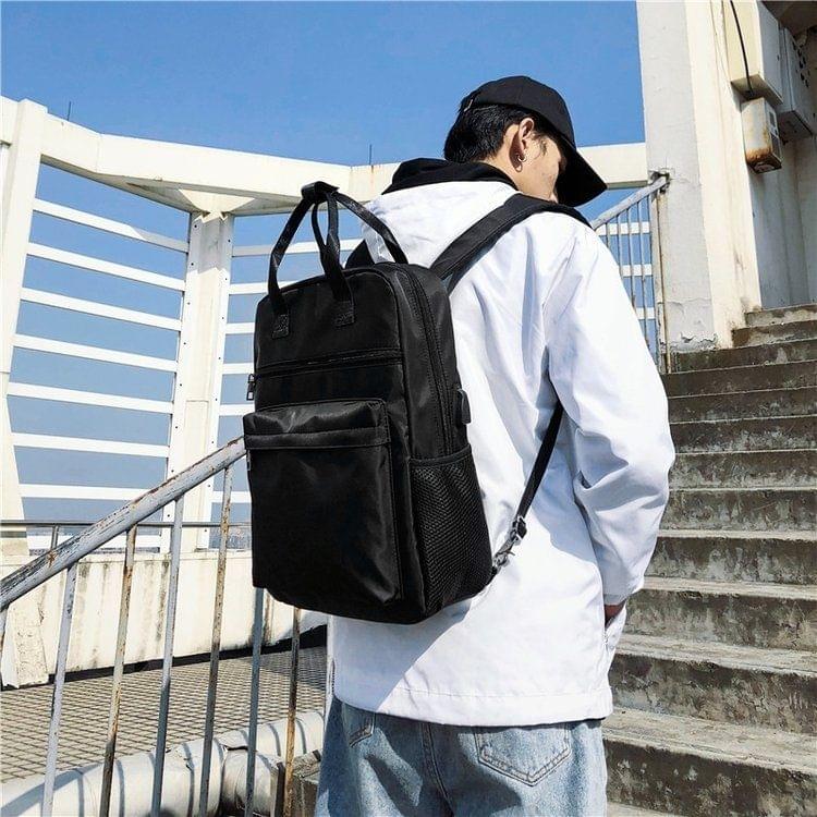 Double Shoulders School Bag Travel Backpack Handbag (Black)