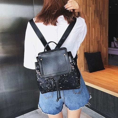 Sequin Drawstring PU Leather Double Shoulders Girl School Bag Backpack Travel Bag (Black)