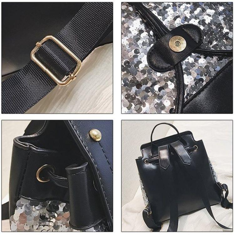 Sequin Drawstring PU Leather Double Shoulders Girl School Bag Backpack Travel Bag (Black)