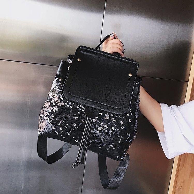 Sequin Drawstring PU Leather Double Shoulders Girl School Bag Backpack Travel Bag (Black)