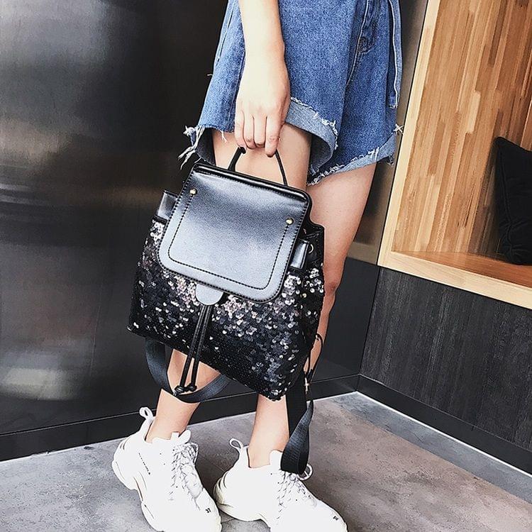 Sequin Drawstring PU Leather Double Shoulders Girl School Bag Backpack Travel Bag (Black)