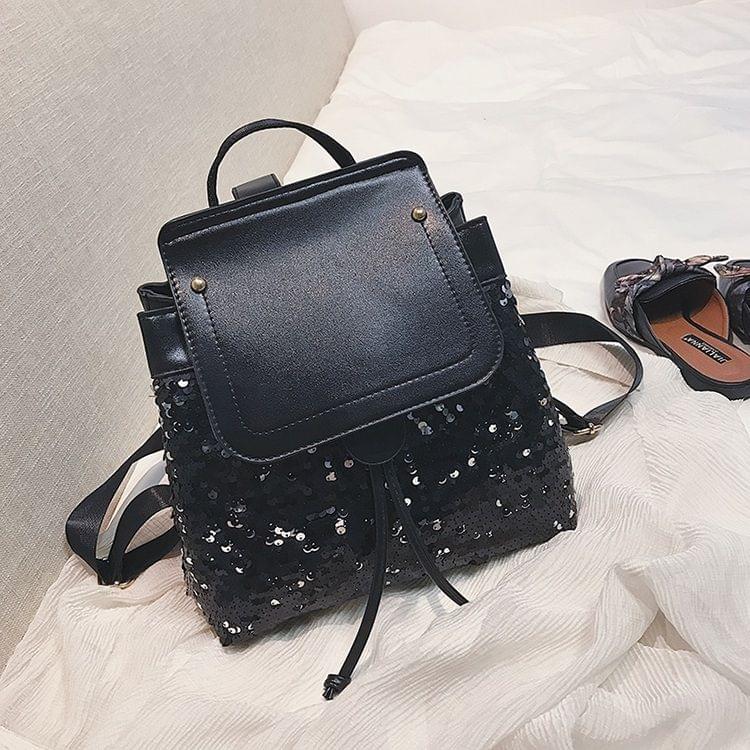 Sequin Drawstring PU Leather Double Shoulders Girl School Bag Backpack Travel Bag (Black)