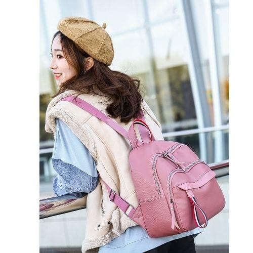 Solid Color Multi-function PU Leather Backpack Girl Shoulder Bag Casual Handbag (Pink)