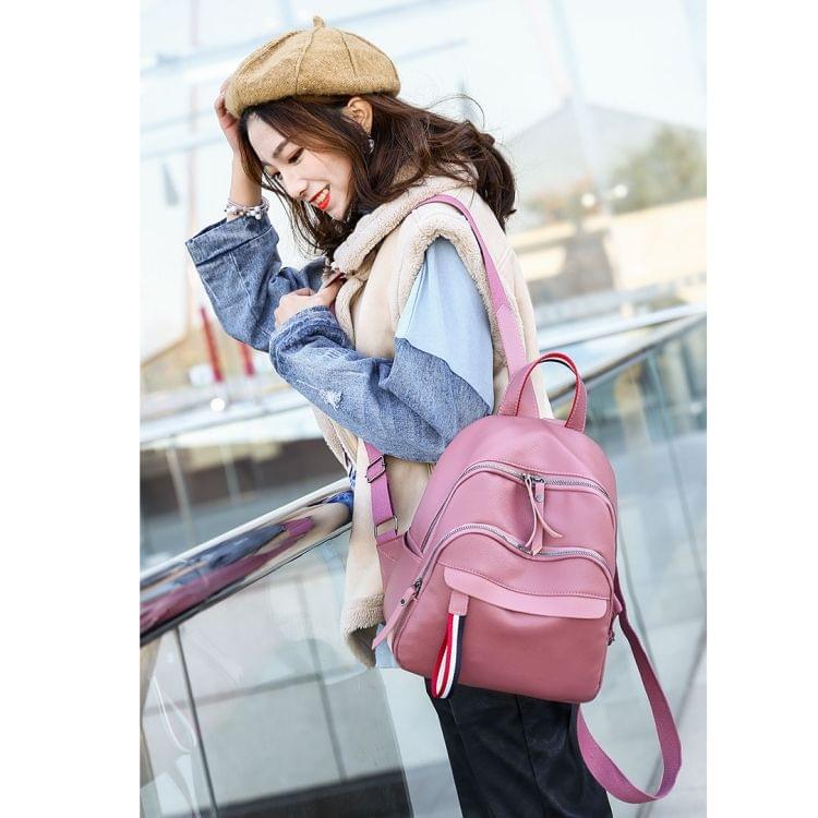 Solid Color Multi-function PU Leather Backpack Girl Shoulder Bag Casual Handbag (Pink)