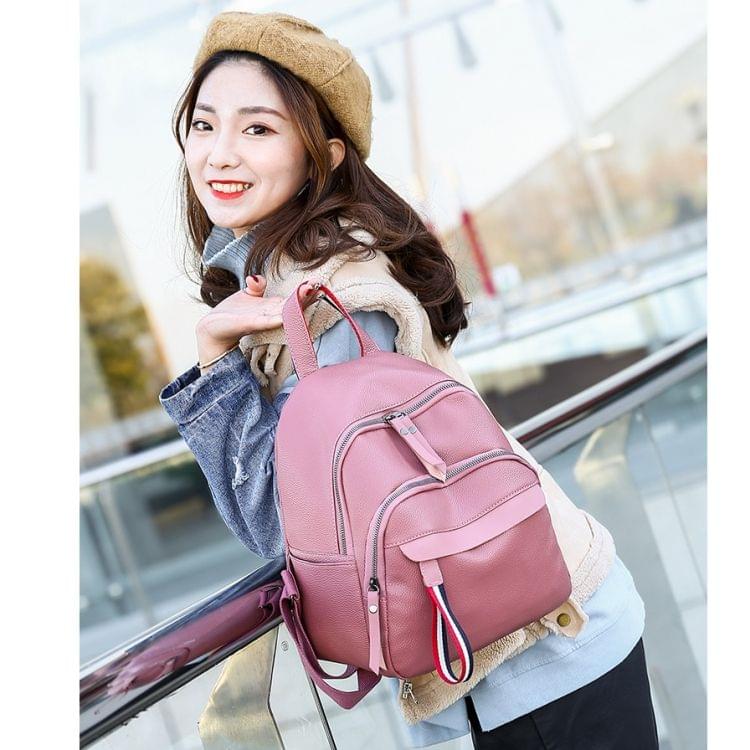 Solid Color Multi-function PU Leather Backpack Girl Shoulder Bag Casual Handbag (Pink)