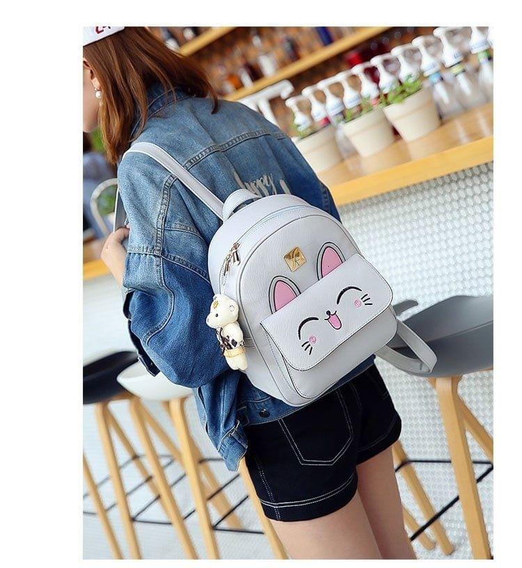 4 in 1 Rabbit pattern PU Leather Double Shoulders School Bag Travel Backpack Bag with Bear Doll Pendant (Grey)