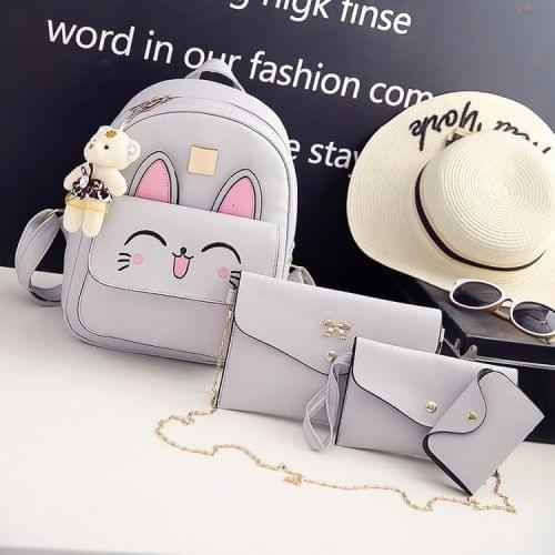 4 in 1 Rabbit pattern PU Leather Double Shoulders School Bag Travel Backpack Bag with Bear Doll Pendant (Grey)