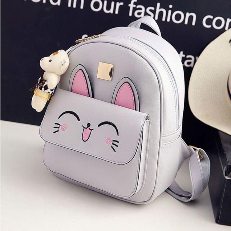 4 in 1 Rabbit pattern PU Leather Double Shoulders School Bag Travel Backpack Bag with Bear Doll Pendant (Grey)