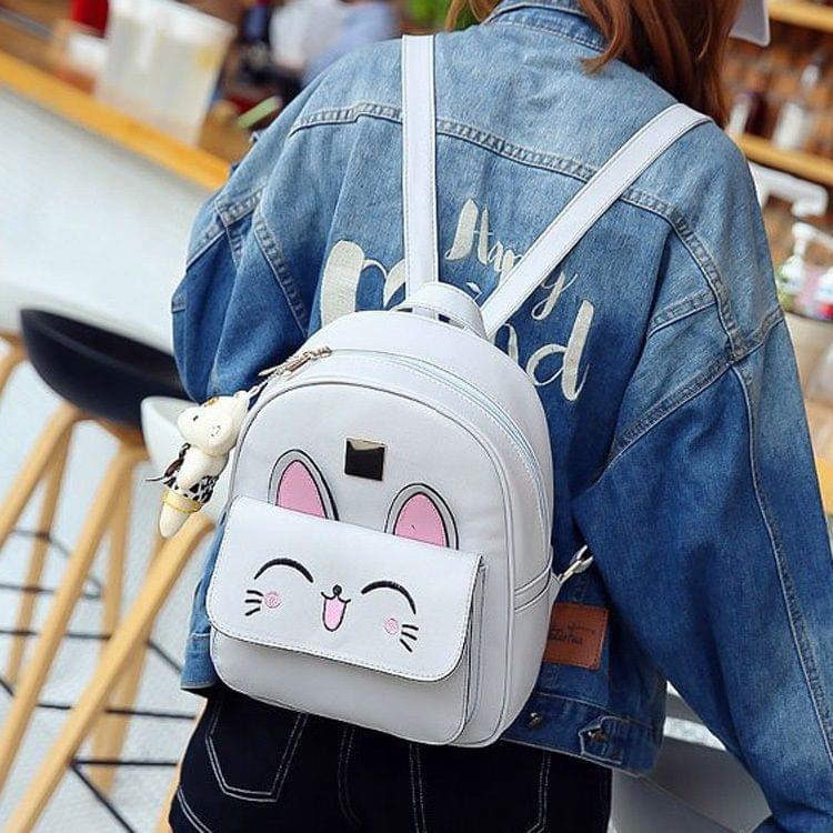 4 in 1 Rabbit pattern PU Leather Double Shoulders School Bag Travel Backpack Bag with Bear Doll Pendant (Grey)