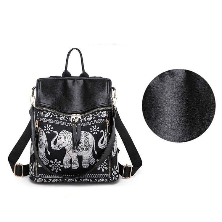 Fashion Elephant Pattern Oxford PU Backpack Ladies Handbag Multi-function Messenger Bag (Black)