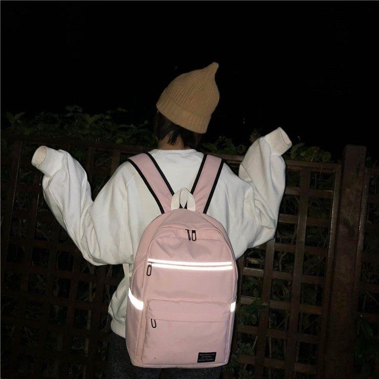 Reflective Strip Zipper Nylon Double Shoulders School Bag Travel Backpack Bag (Blue)