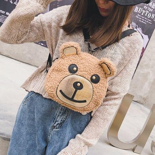 Bear Head Shape Casual Plush Double Shoulders Bag (Beige)