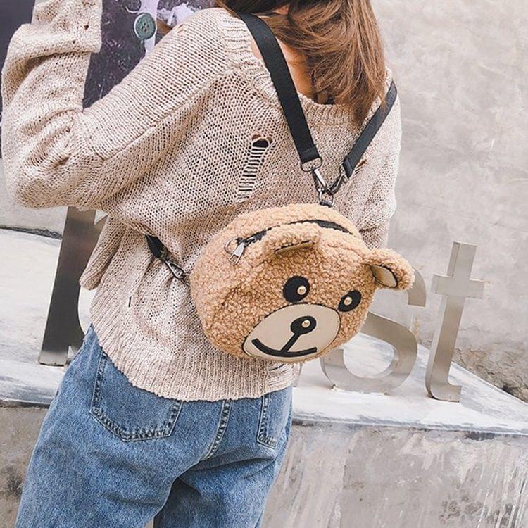 Bear Head Shape Casual Plush Double Shoulders Bag (Beige)