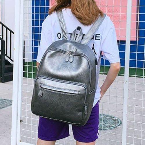 Charging Travel PU Leather Double-shoulder Bag Backpack Bag (Silver)