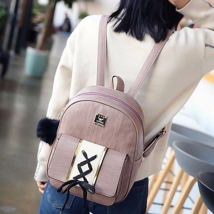 PU Leather Double Shoulders School Bag Travel Backpack Bag (Pink)