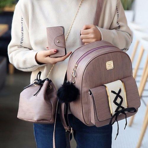 PU Leather Double Shoulders School Bag Travel Backpack Bag (Pink)