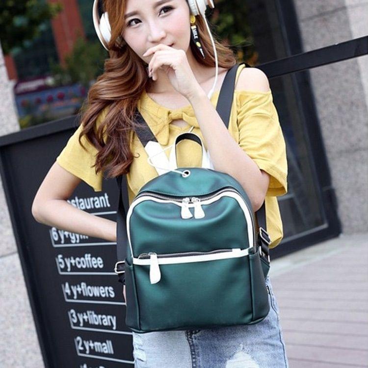 PU Leather Double Shoulders School Bag Travel Backpack Bag with Earphone Line Hole (Green)