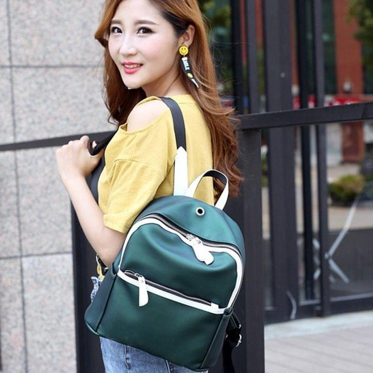 PU Leather Double Shoulders School Bag Travel Backpack Bag with Earphone Line Hole (Green)